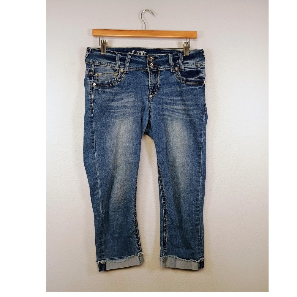 Y2K McBling WallFlower Womens‎ 5 Blue Luscious Curvy Embroidered Capri Jeans